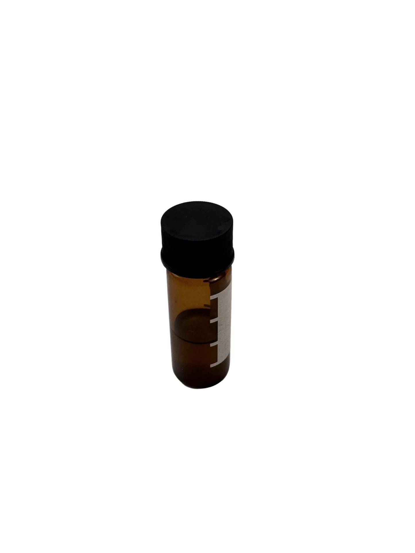 Small amber glass bottle with a black cap on a white background