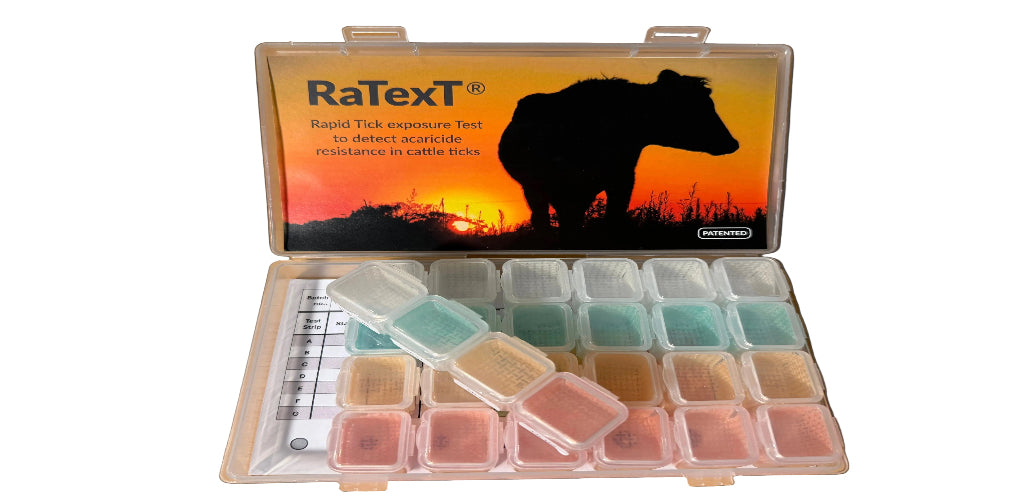 RaText rapid tick exposure test kit with a silhouette of a cow on an orange background.