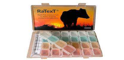 RaText rapid tick exposure test kit with a silhouette of a cow on an orange background.