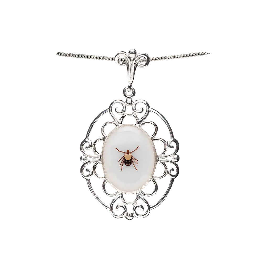 Silver pendant with a real tick